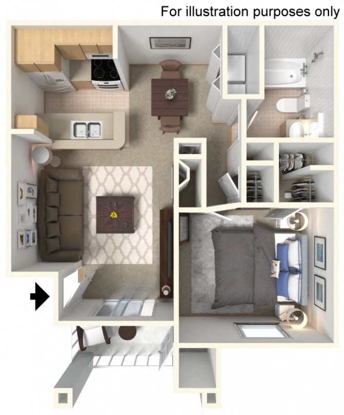 Floor plan for 1 bed, 1 bath, 640 sqft